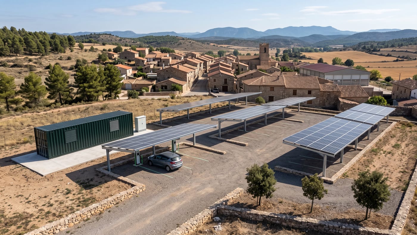Aparcamiento municipal junto a un pueblo de Aragón con marquesinas solares, una batería en contenedor y puntos de recarga