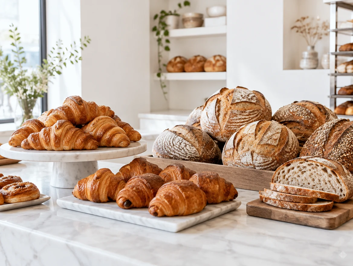 Mostrador de panadería con cruasanes y hogazas